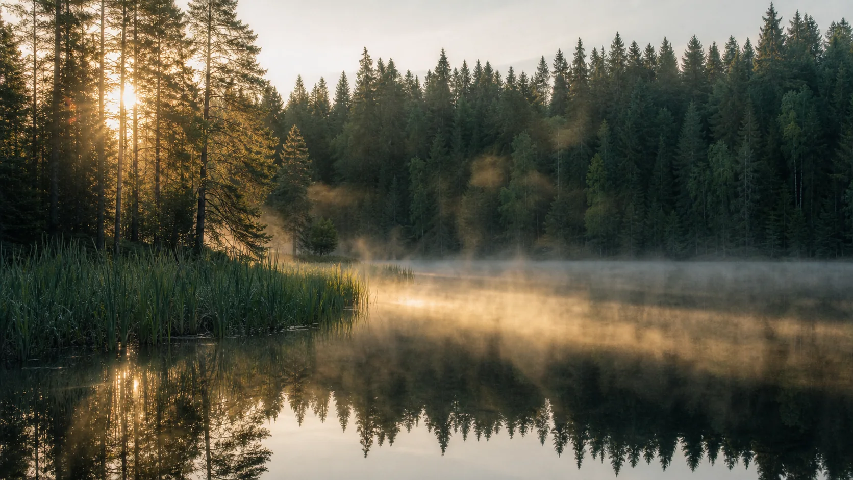 Misty forest lake nature photography