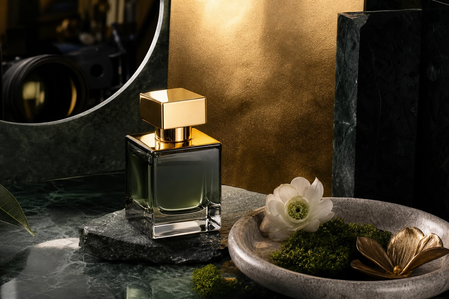 Premium commercial product photography in dark green and gold studio lighting